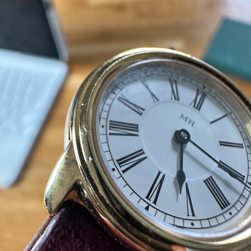 Classic Women's Gold Case Watch with Burgundy Suede Strap - Picture 2 of 5